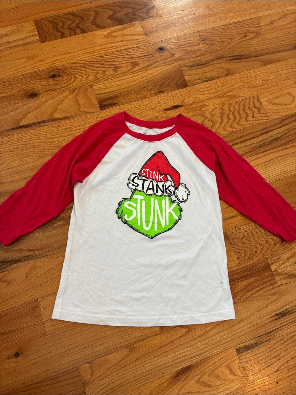 Kids Red Sleeve White Graphic Holiday Raglan Shirt - Stink Stank Stunk